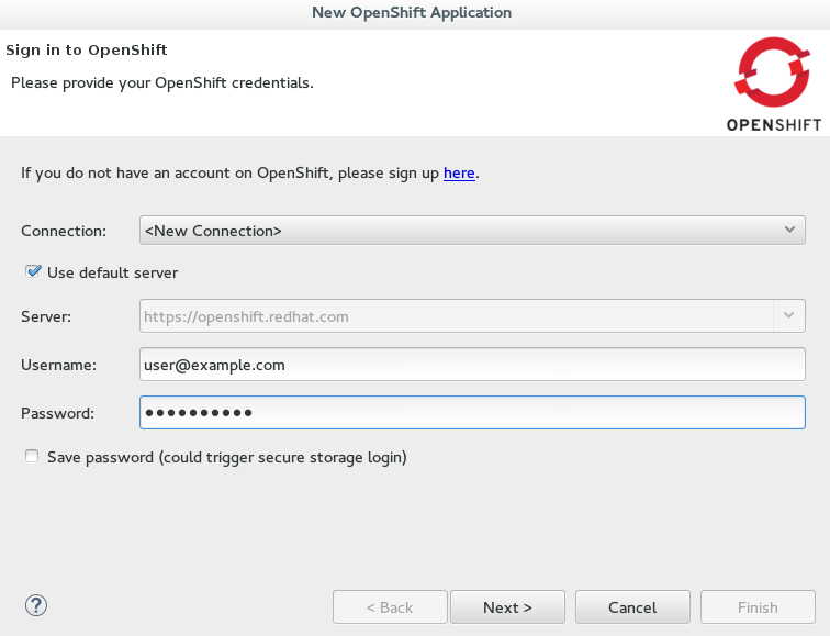 Completed OpenShift Online connection fields