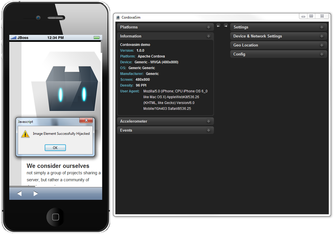 CordovaSim running InAppBrowser example from PhoneGap API Documentation