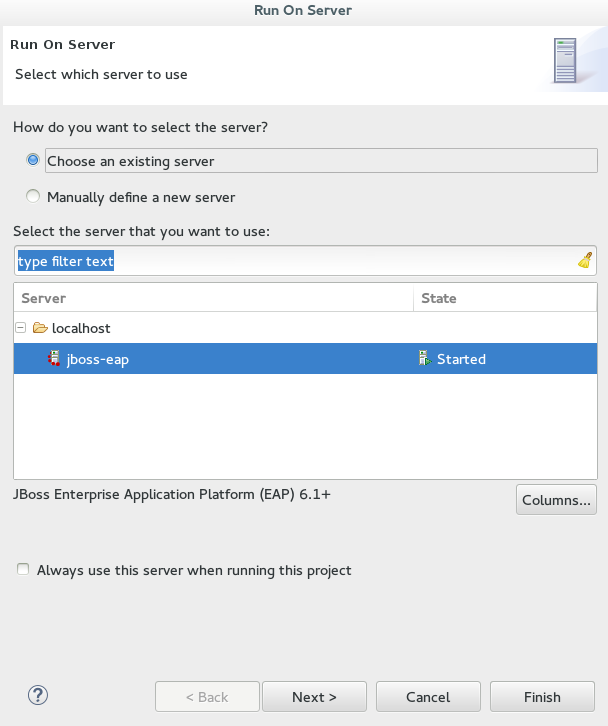Select the runtime server to run the application.