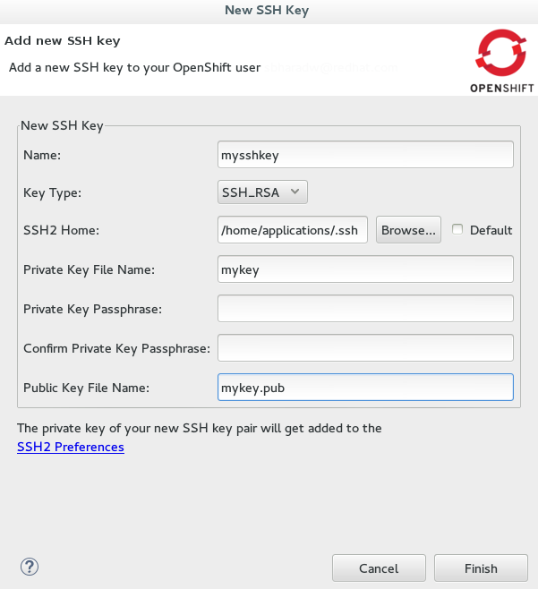 Completed Fields for the New SSH Key Pair