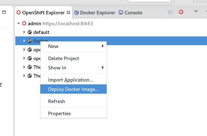 Docker Deployment Configuration from OpenShift Explorer