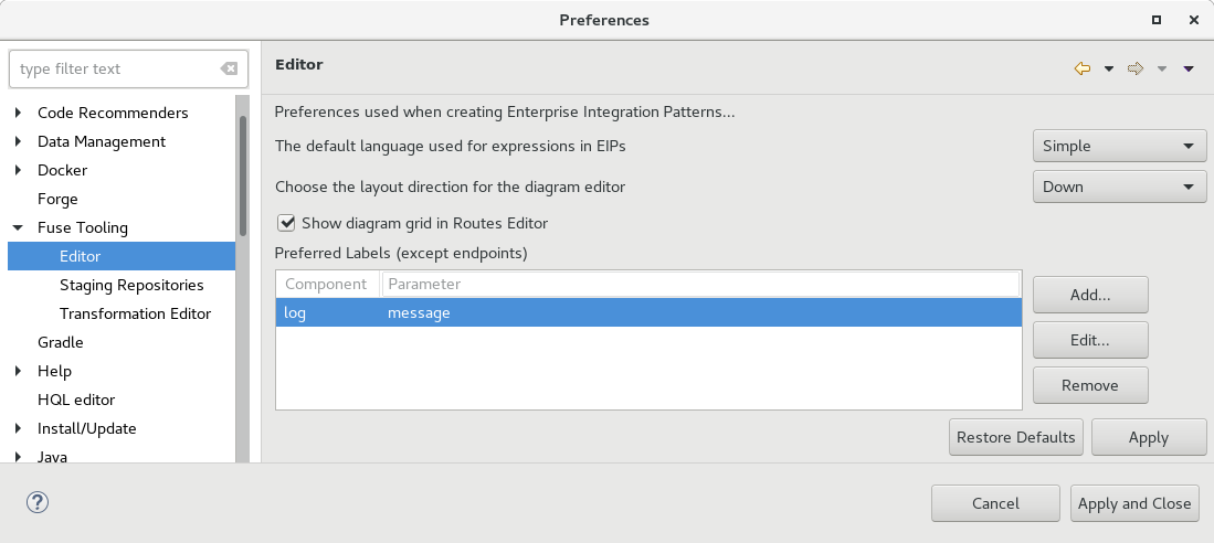 Fuse Tooling editor preference page
